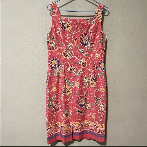 Talbots linen rayon salmon pink yellow floral sheath dress Sz 10 - Picture 2 of 5
